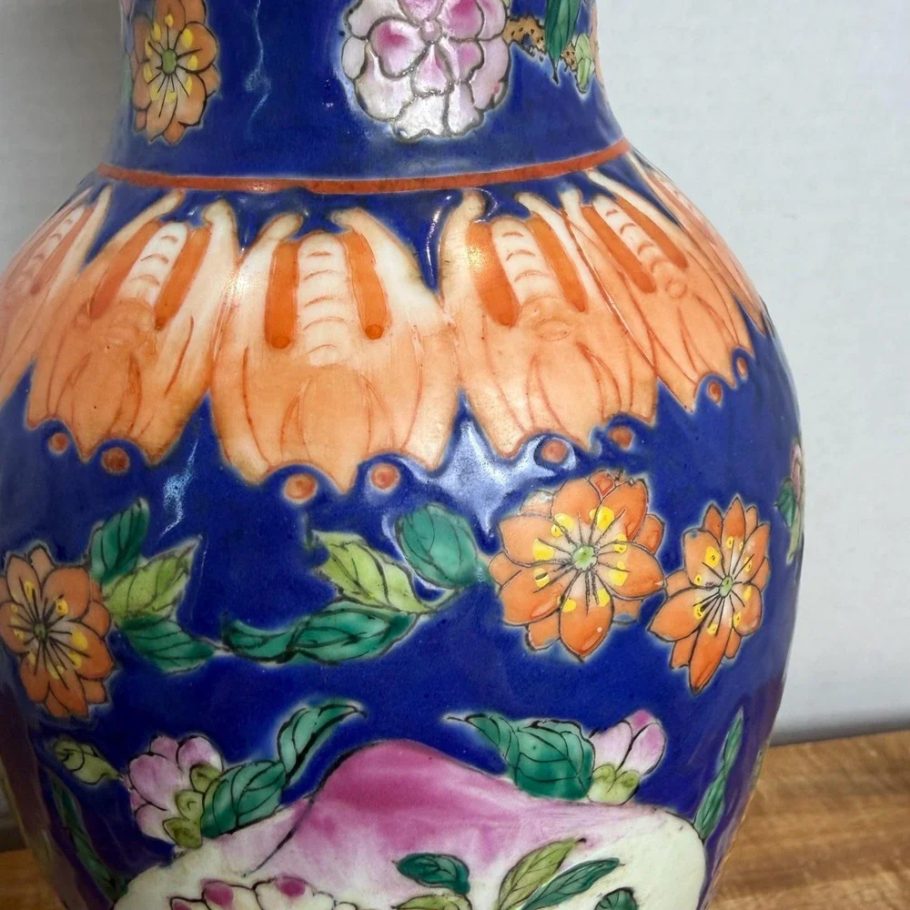 Chinese Vase Famille Rose Floral Cobalt Blue Qianlong Style Chinoiserie